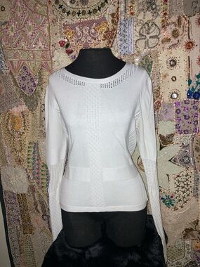 H&M White Knit Crewneck Sweater with Eyelet Detail